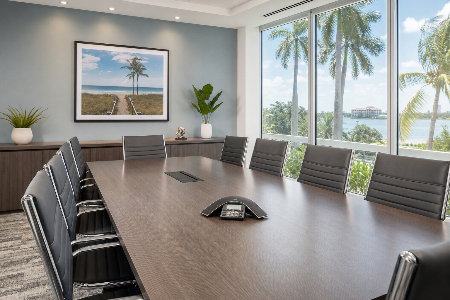 Modern Florida business conference room with VoIP speakerphone