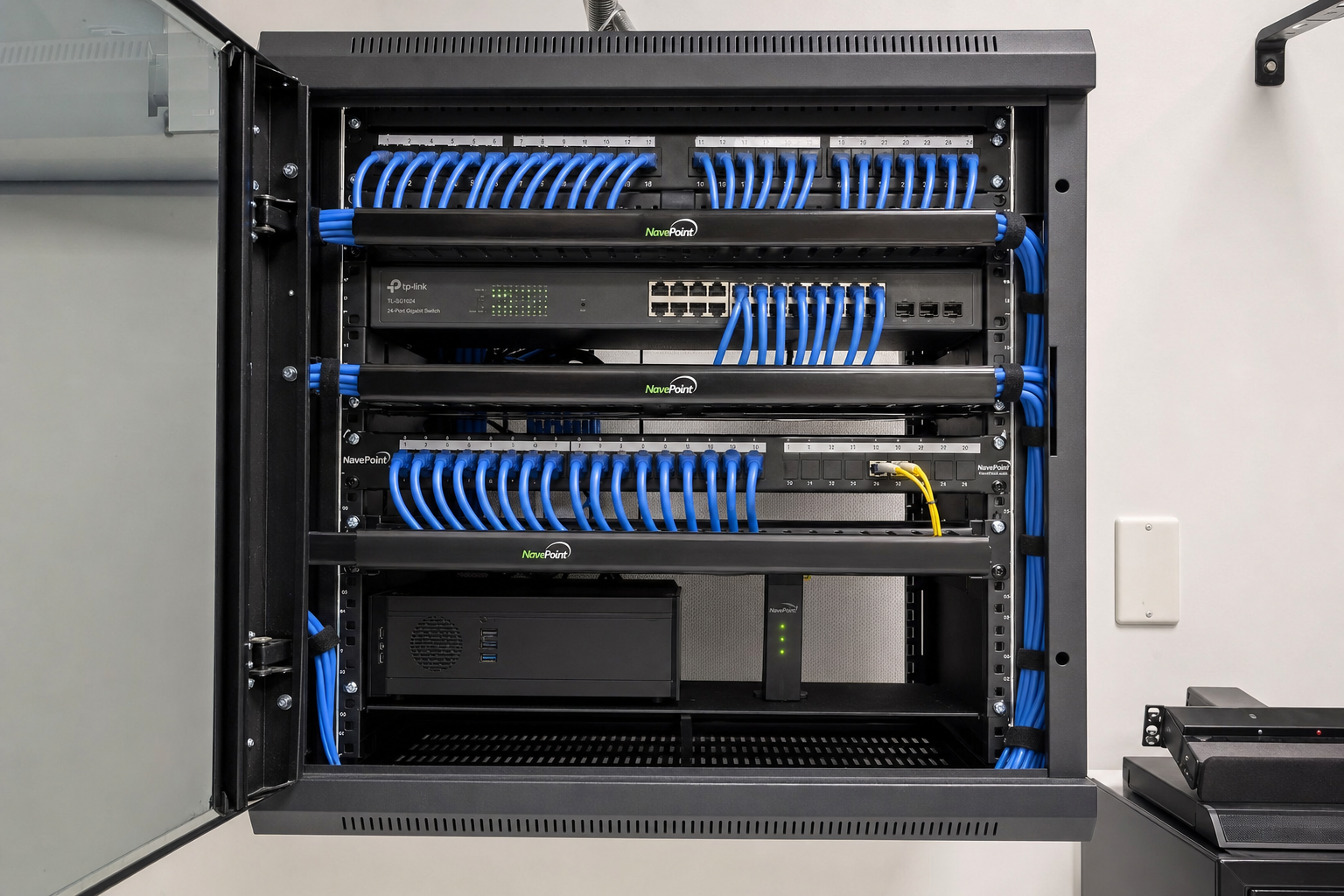 Organized network closet with patch panel and managed switch for a Florida business VoIP installation