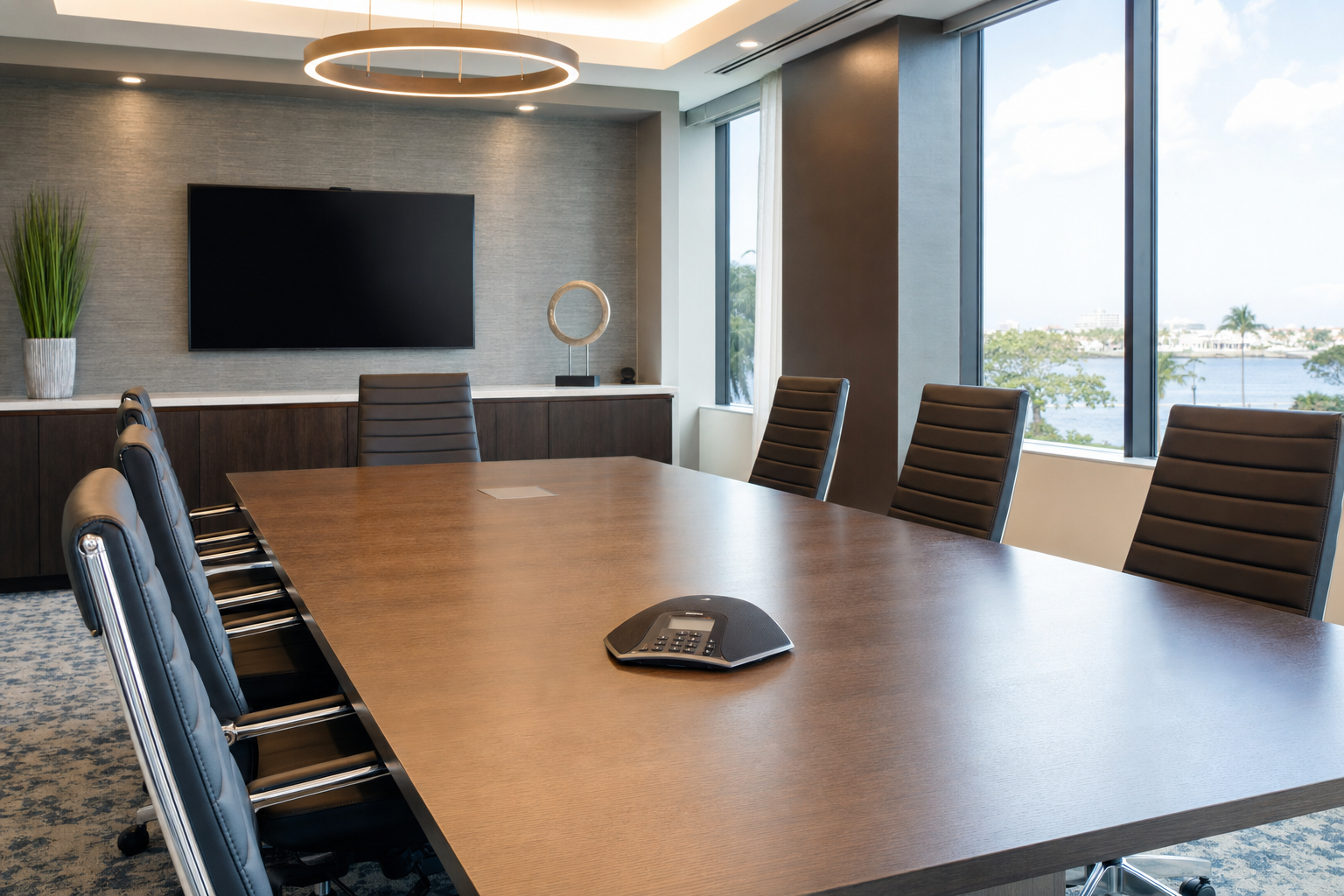 Modern Florida business conference room with a VoIP speakerphone on the conference table