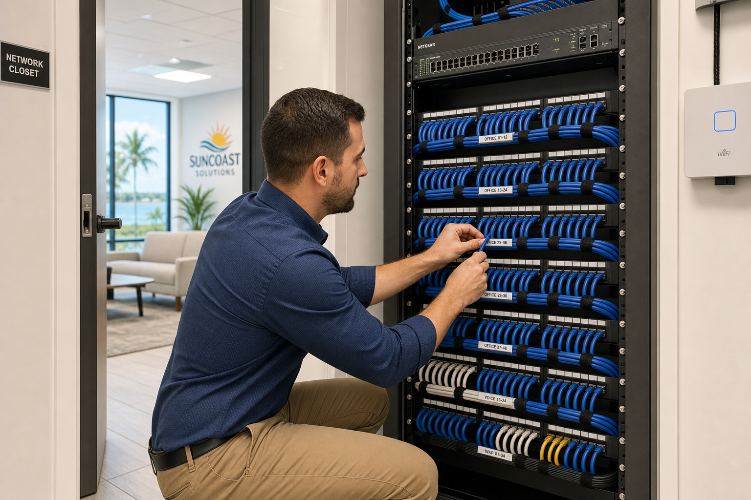 IT technician organizing structured cabling in a Florida business network closet before a hosted PBX installation