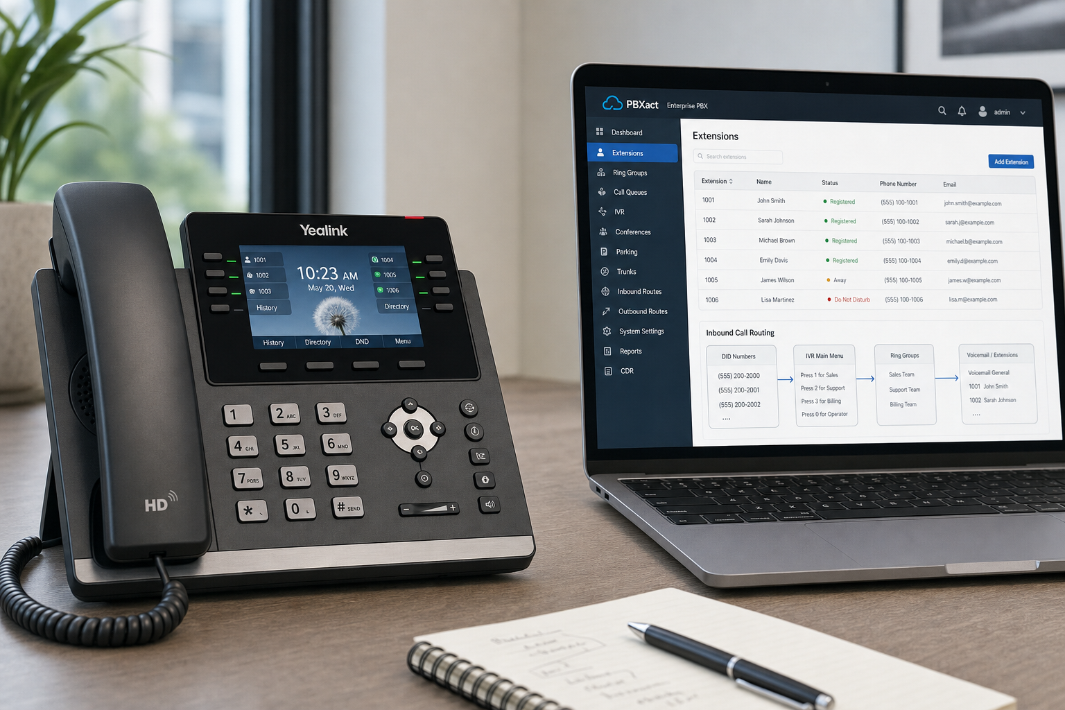VoIP desk phone and admin portal showing extension and call routing configuration during a hosted PBX setup