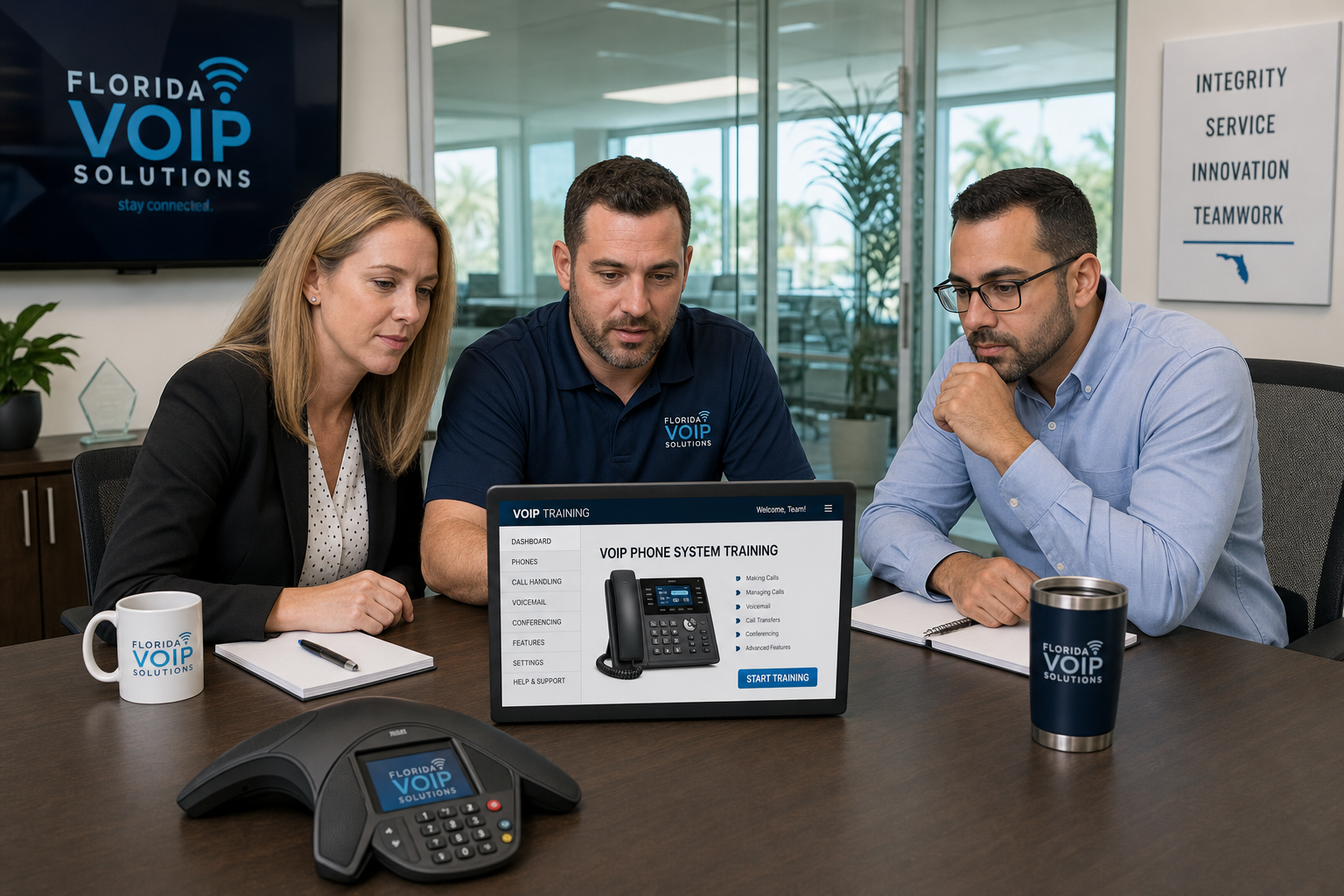 Florida business team reviewing VoIP phone system training before cutover day