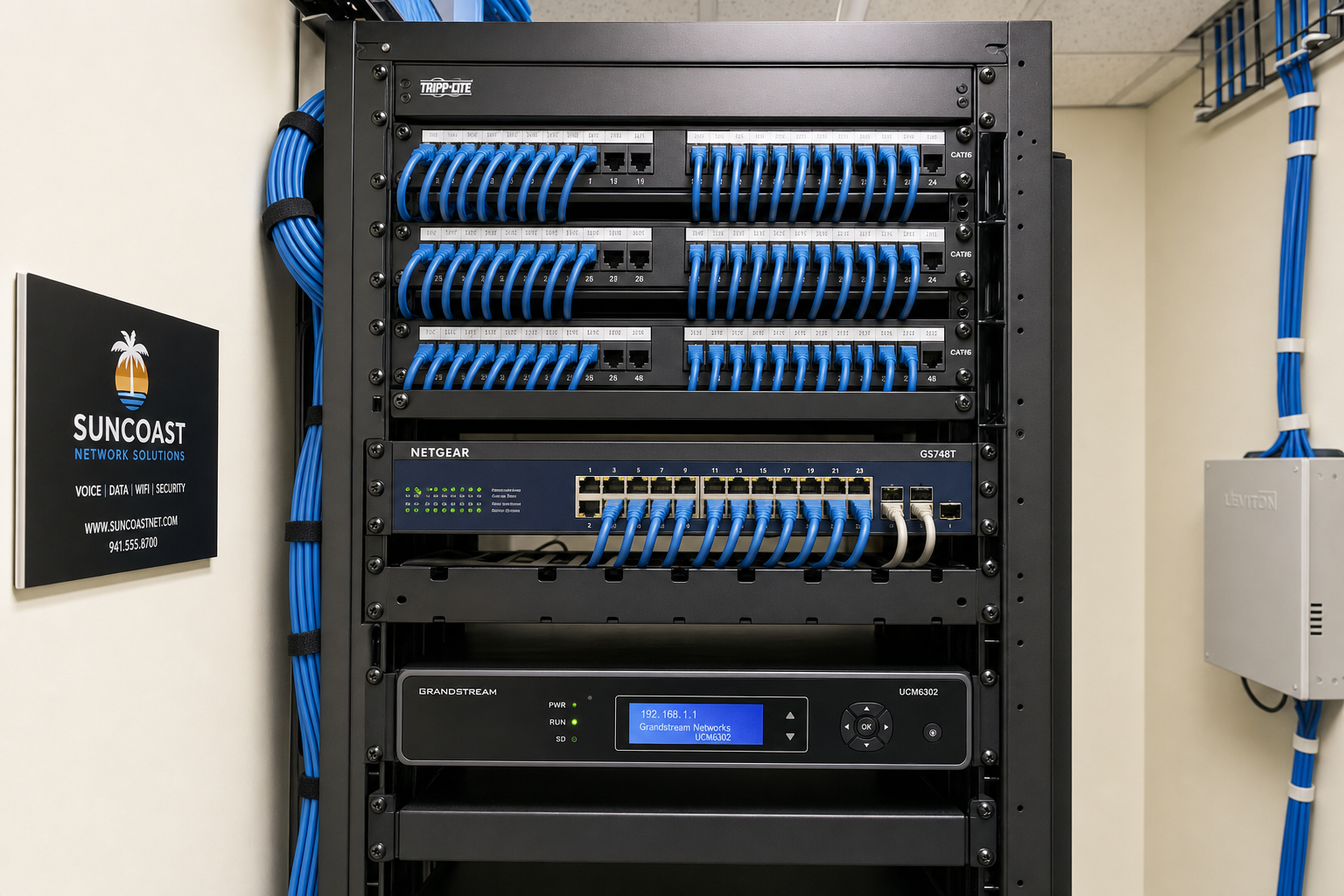 Organized network closet with patch panel and managed switch for a Florida business VoIP installation