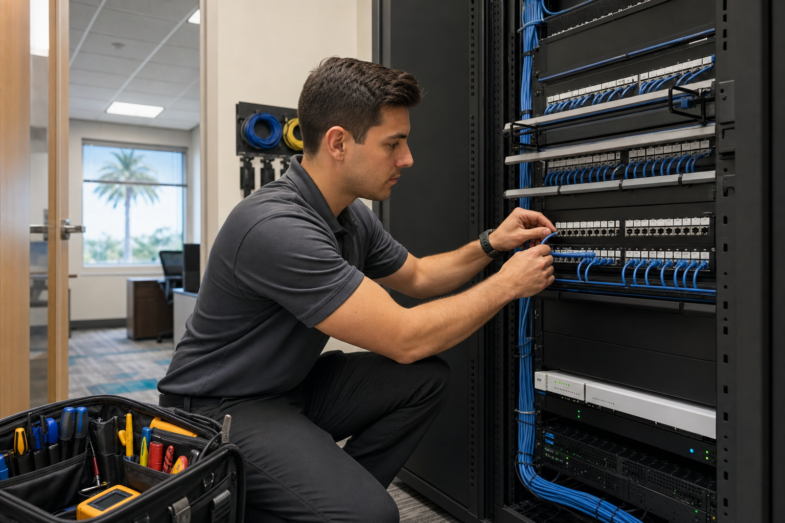 On-site VoIP technician connecting structured cabling in a Florida business office network closet