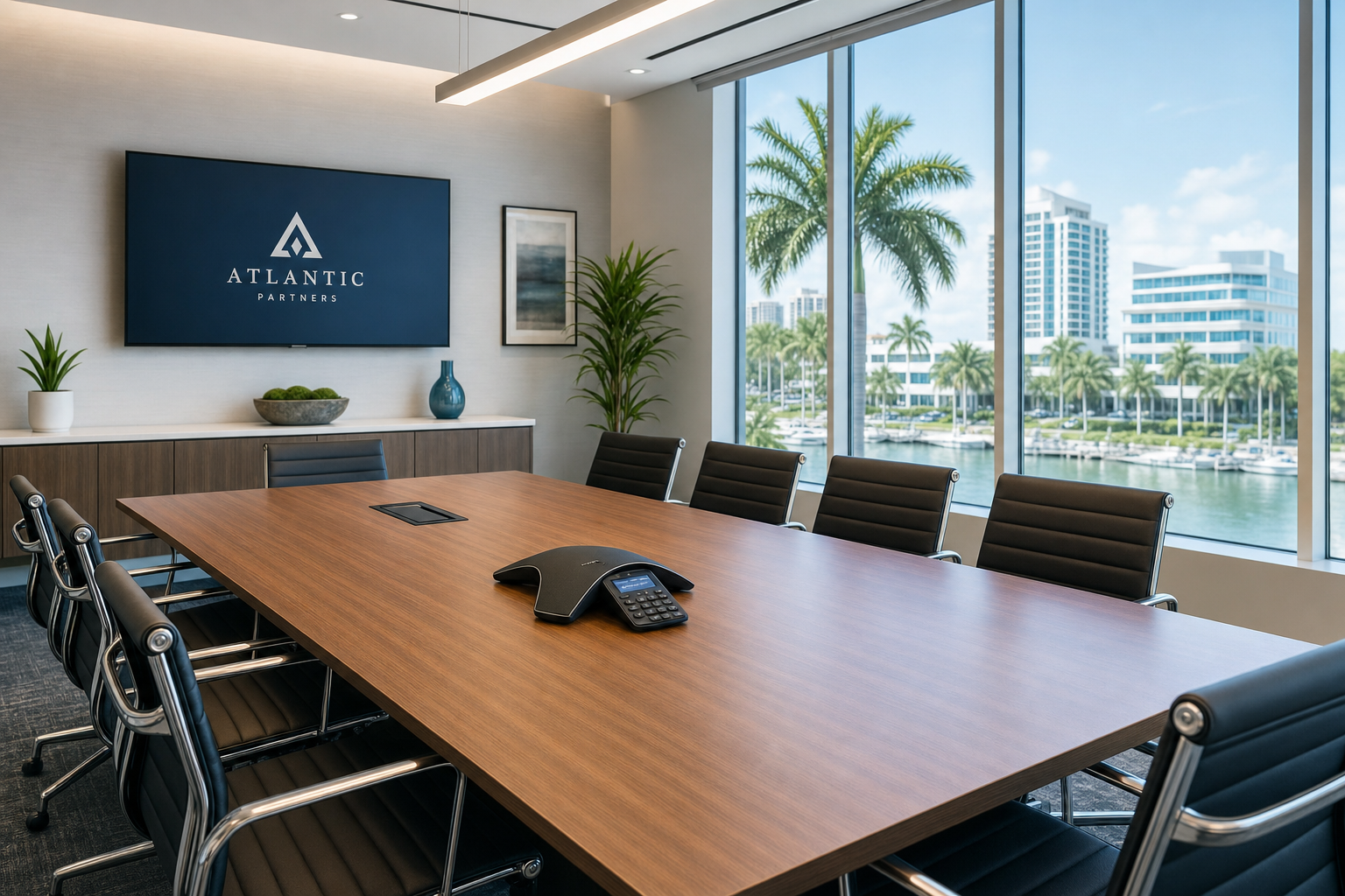 VoIP conference phone on a conference room table in a modern Florida business office