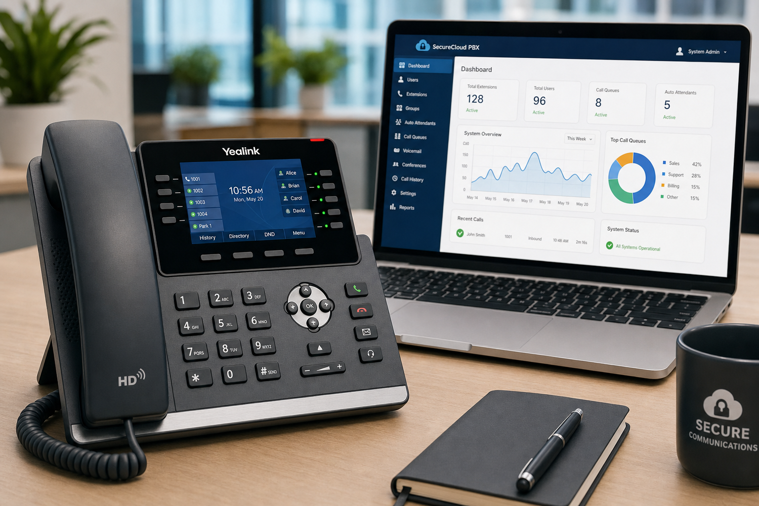 VoIP desk phone and secure cloud PBX dashboard in a Florida business office