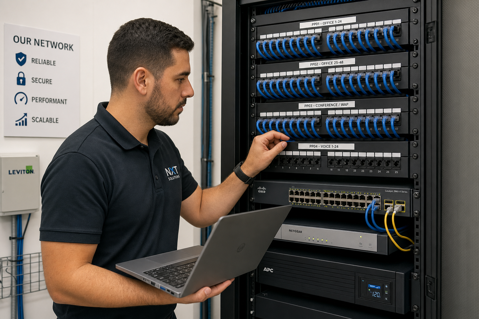 IT technician reviewing network infrastructure in a Florida office technology closet