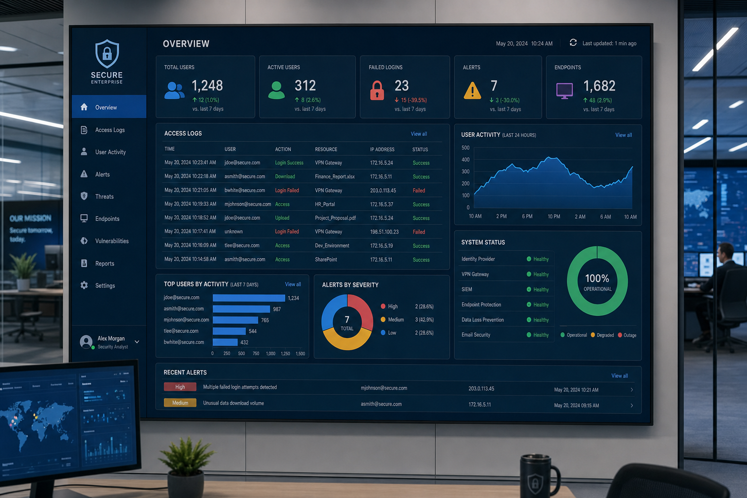 Cybersecurity monitoring dashboard showing VoIP access logs and audit controls