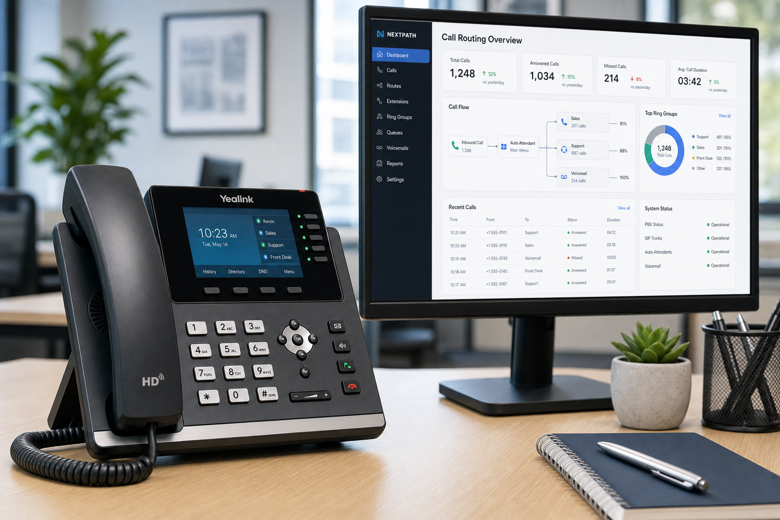 VoIP desk phone and call routing dashboard on a Florida office desk