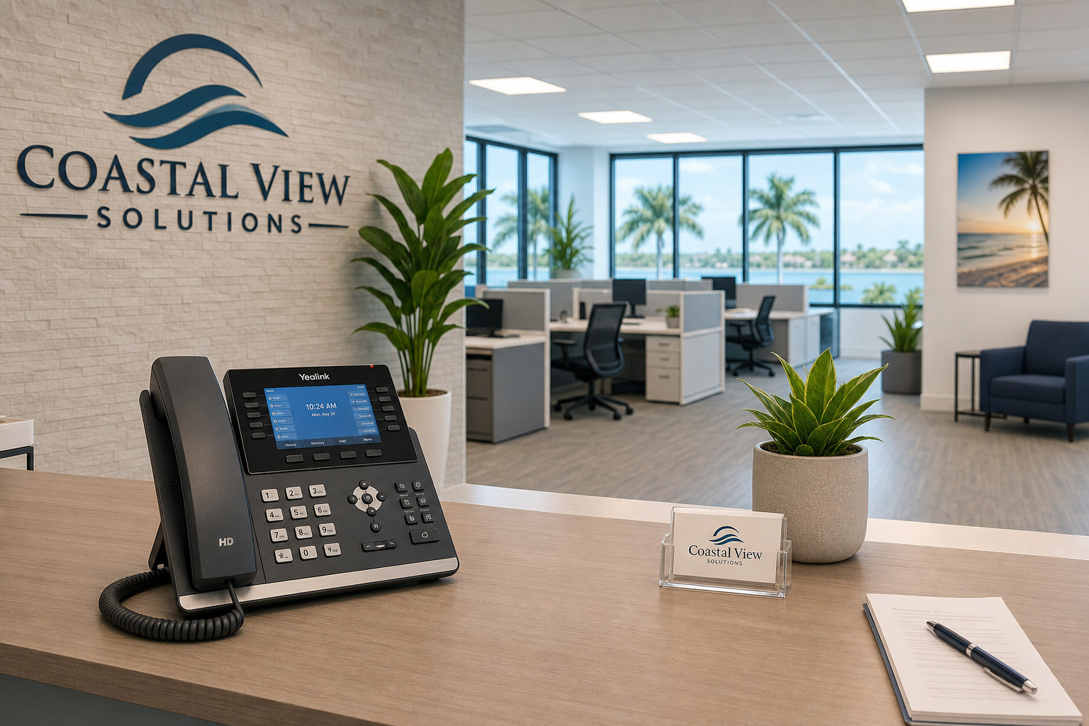 VoIP desk phone at a Florida business reception desk ready for PBX migration