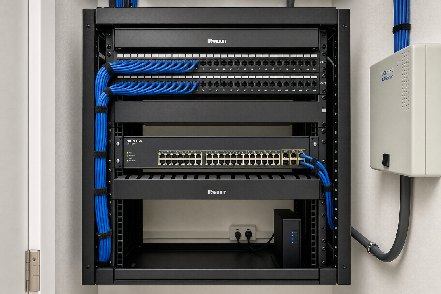 Structured cabling and managed switch in a Florida office network closet