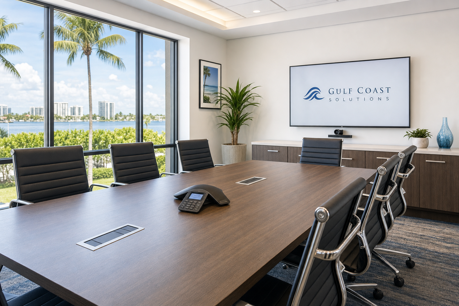 VoIP conference phone in a modern Florida business office conference room