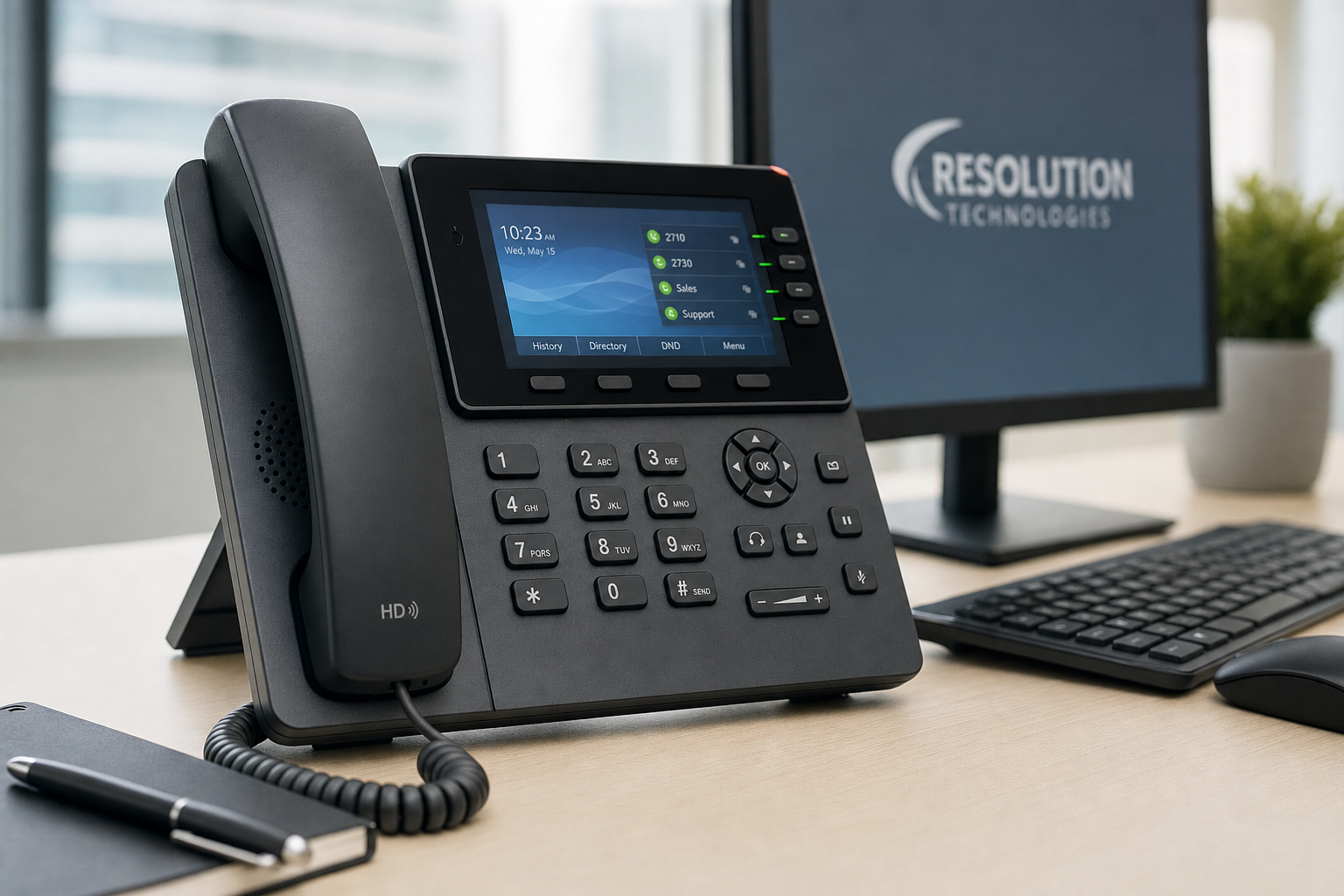 VoIP desk phone on a small business office desk in Florida