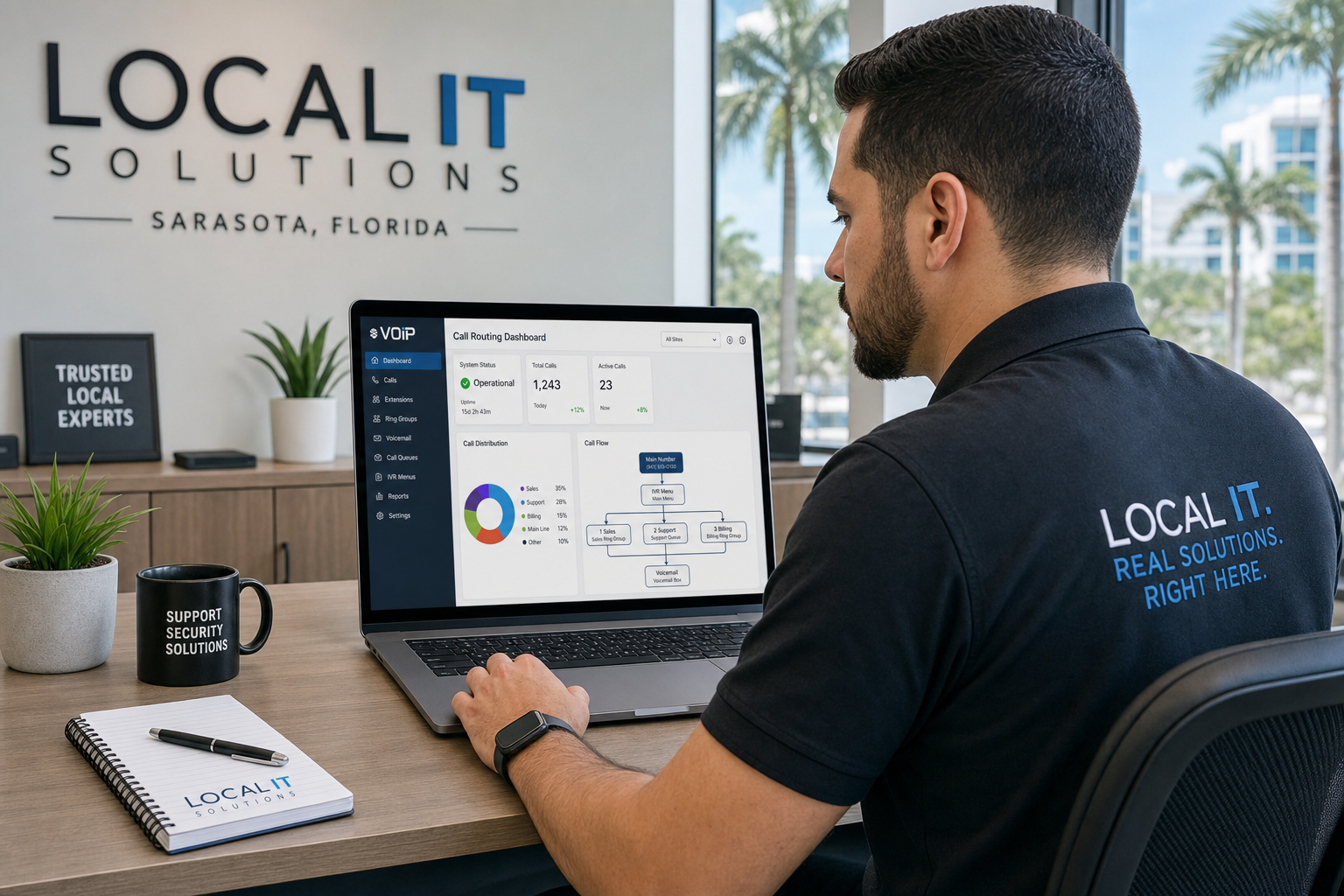 IT technician configuring VoIP call routing for a small Florida office