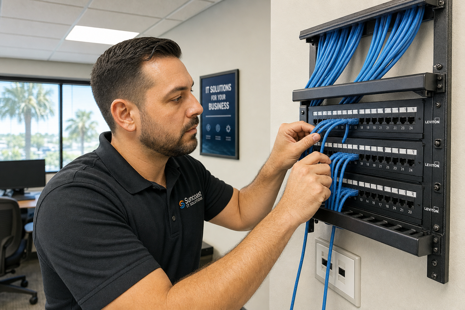 Local IT technician installing structured cabling for a business VoIP phone system in a Florida office