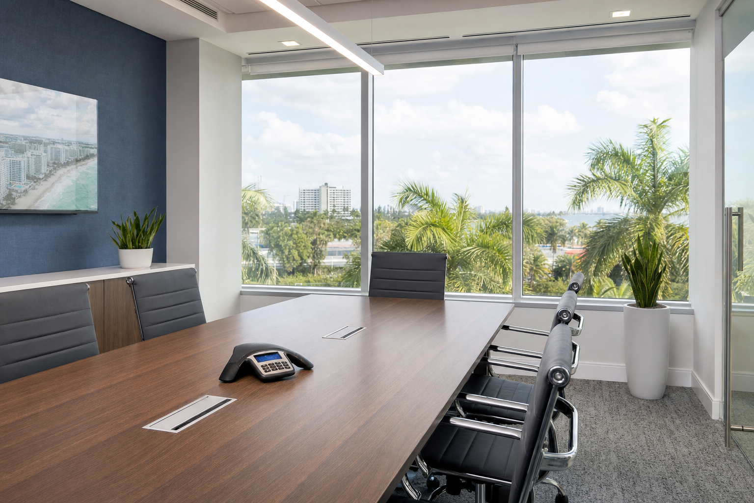 Modern Florida business conference room with a VoIP conference phone on the table