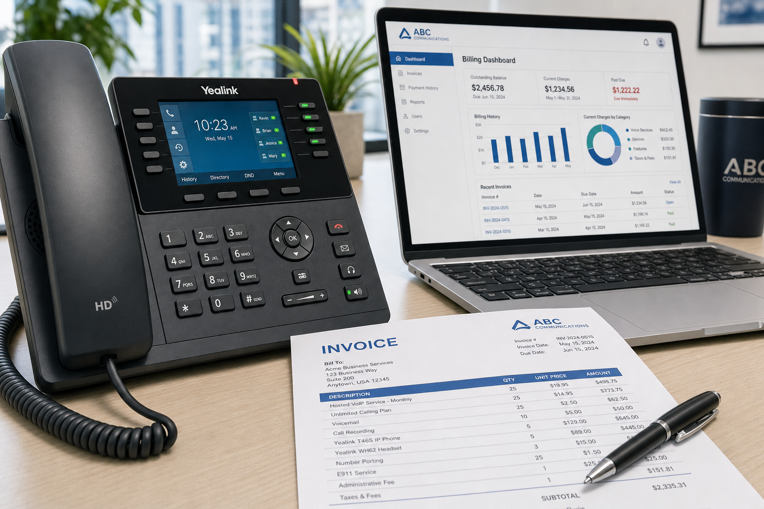 Business owner reviewing a VoIP phone invoice next to a desk phone in a Florida office