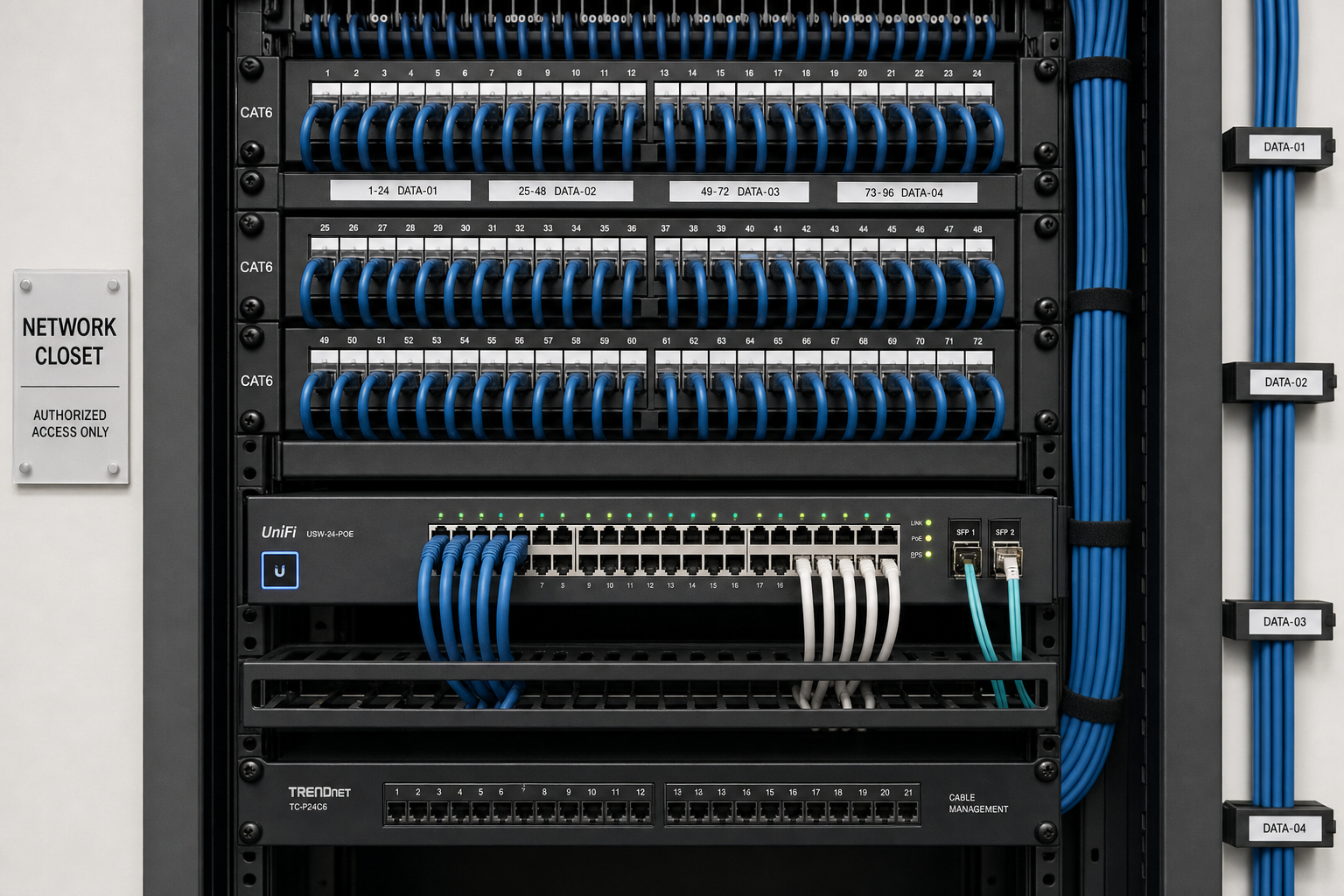 Organized network closet with structured cabling and managed switch for a Florida business VoIP system