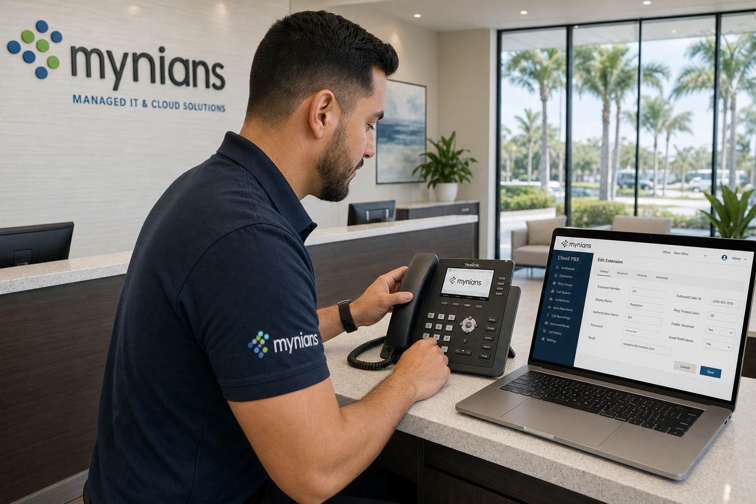 VoIP technician configuring a business phone system at a Florida office reception desk