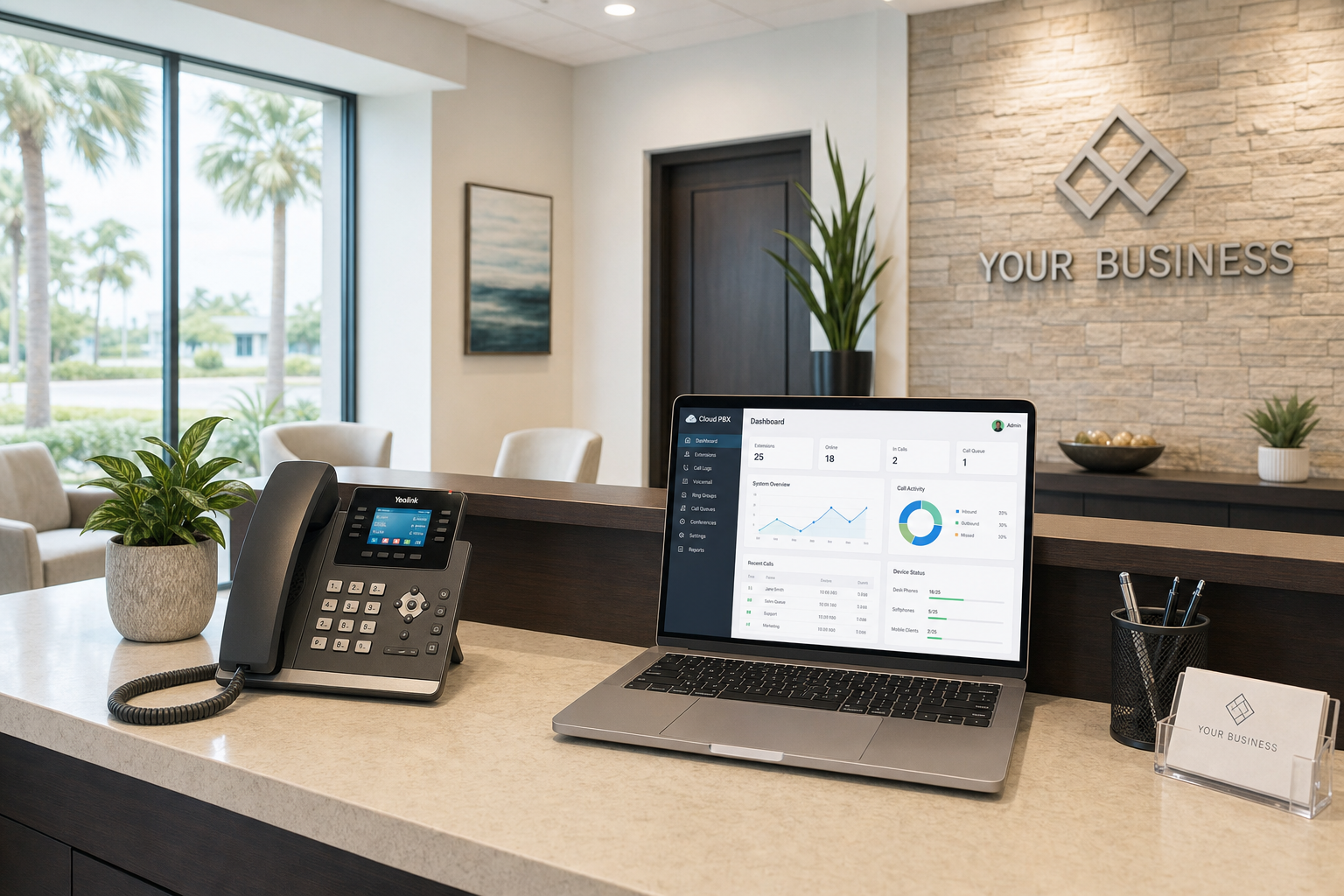 VoIP desk phone on a Florida office reception desk with cloud PBX dashboard on laptop screen