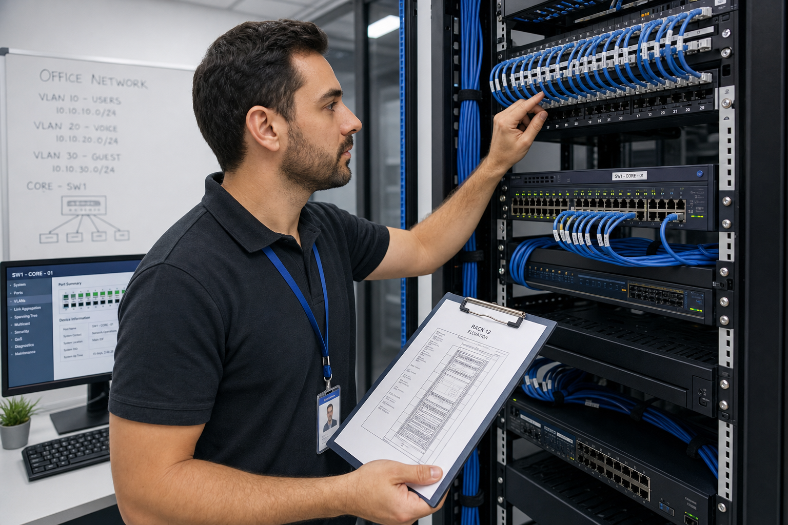 Network technician reviewing patch panel and managed switch in a Florida office server room