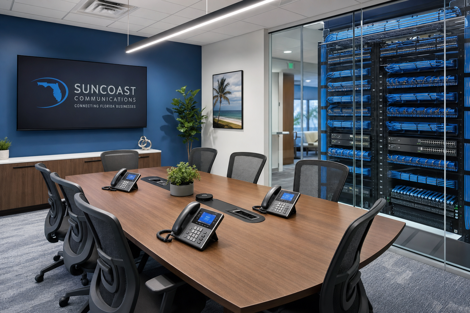 VoIP desk phones in a Florida business conference room with structured cabling infrastructure visible