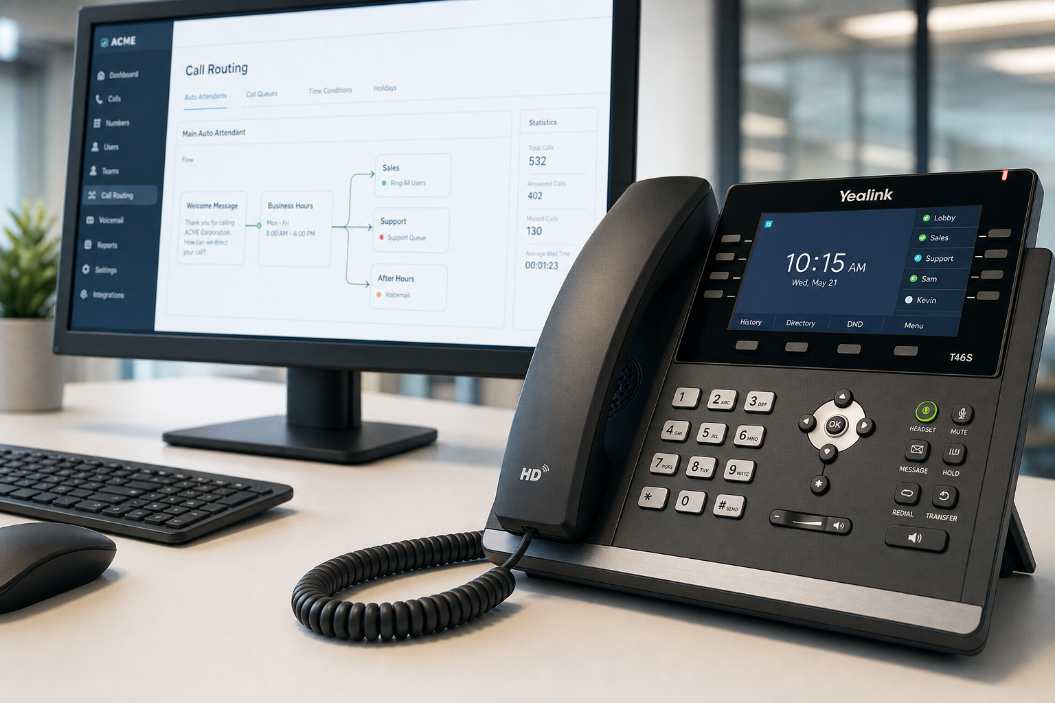 VoIP desk phone on a Florida business office desk with call routing dashboard on monitor