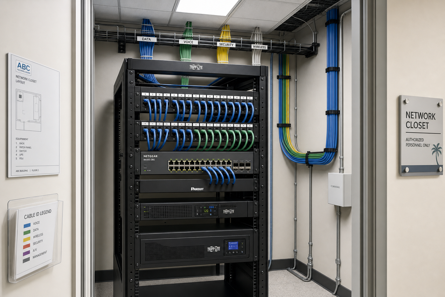 Structured cabling and managed switch in a Florida business office network closet