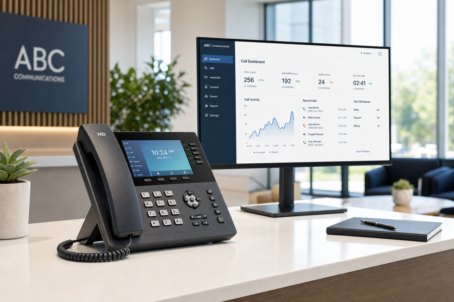 VoIP desk phone and call management dashboard at a Florida office reception desk
