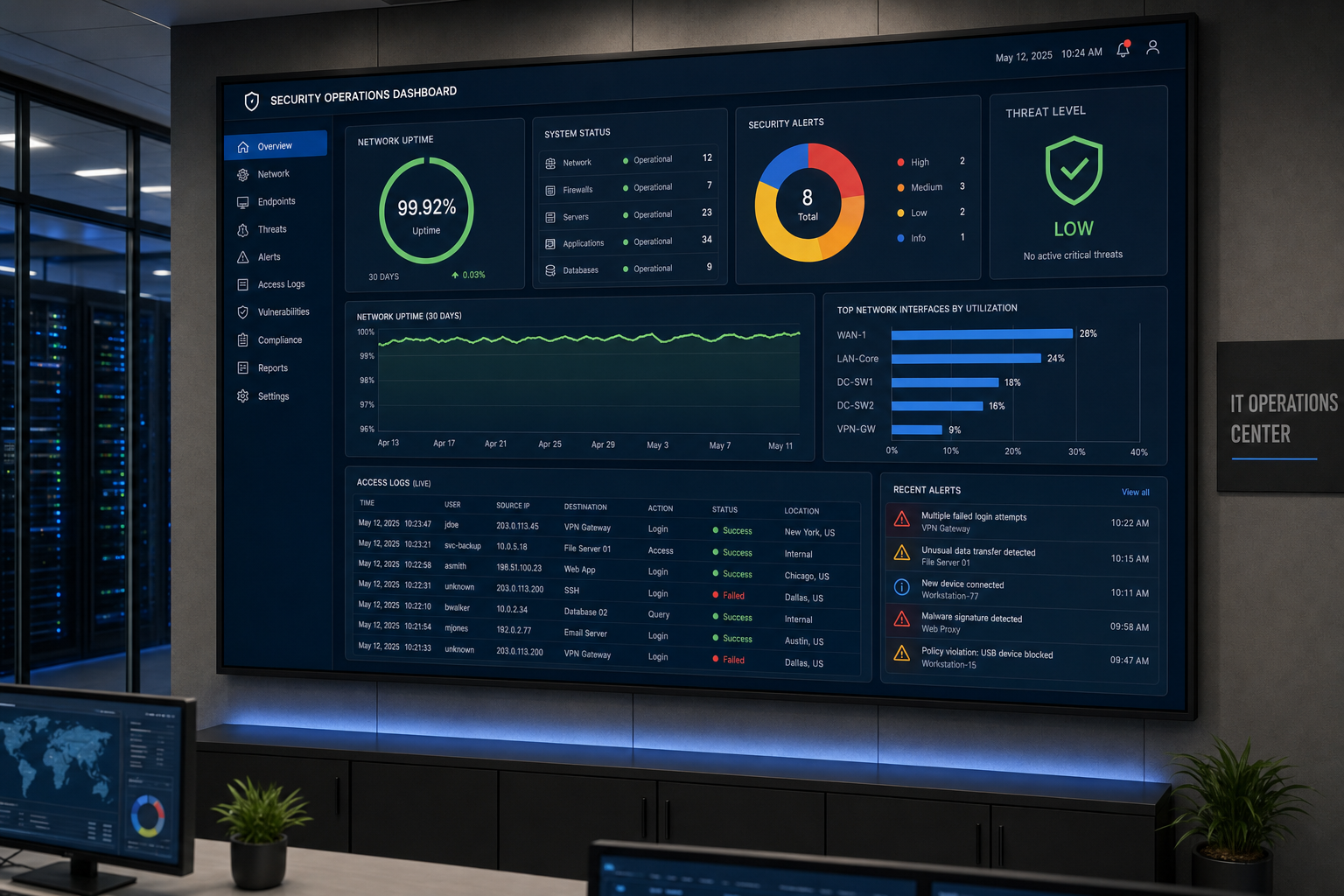Cybersecurity and network uptime monitoring dashboard in a professional IT operations environment