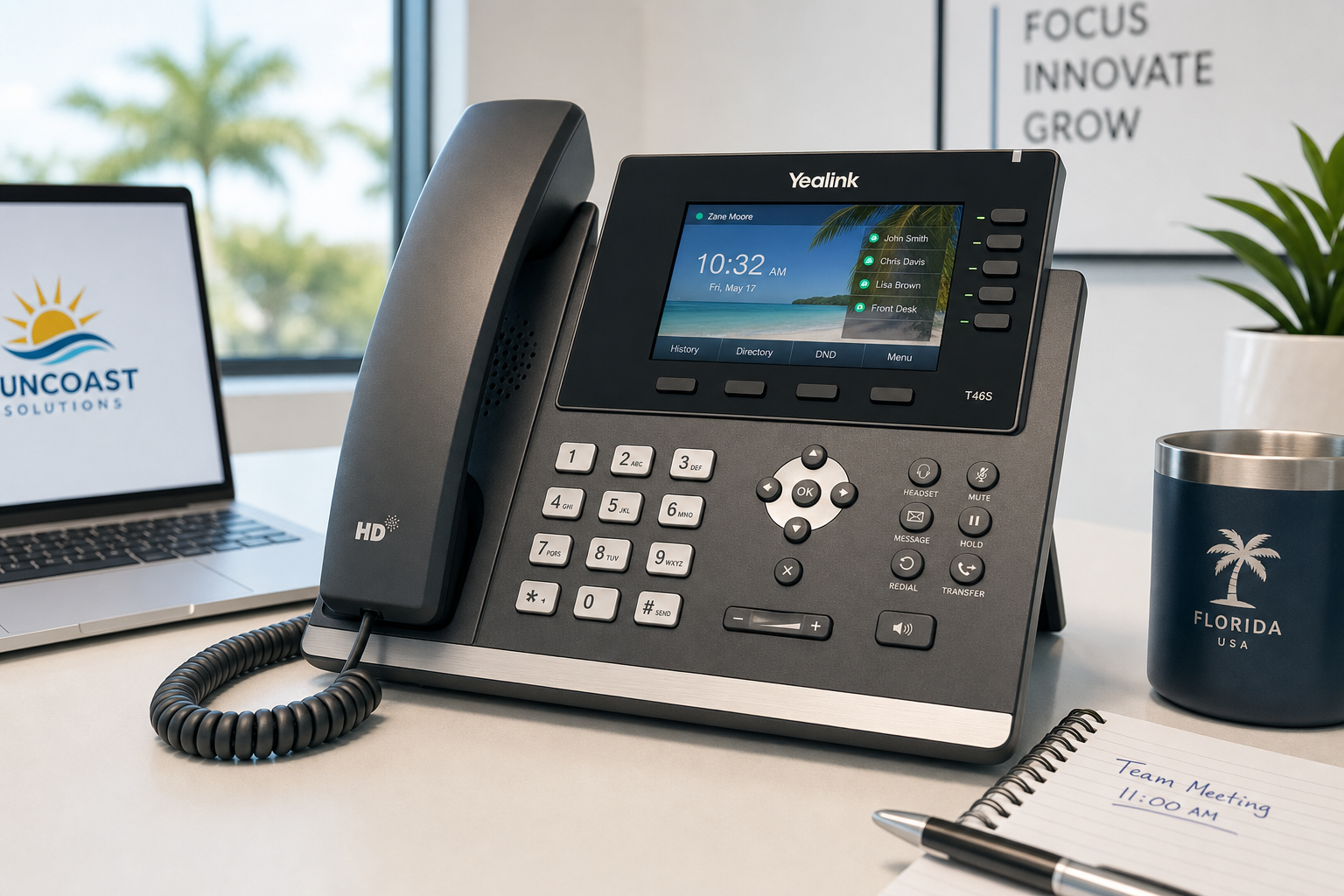 VoIP desk phone on a Florida business office desk ready for contract renewal review