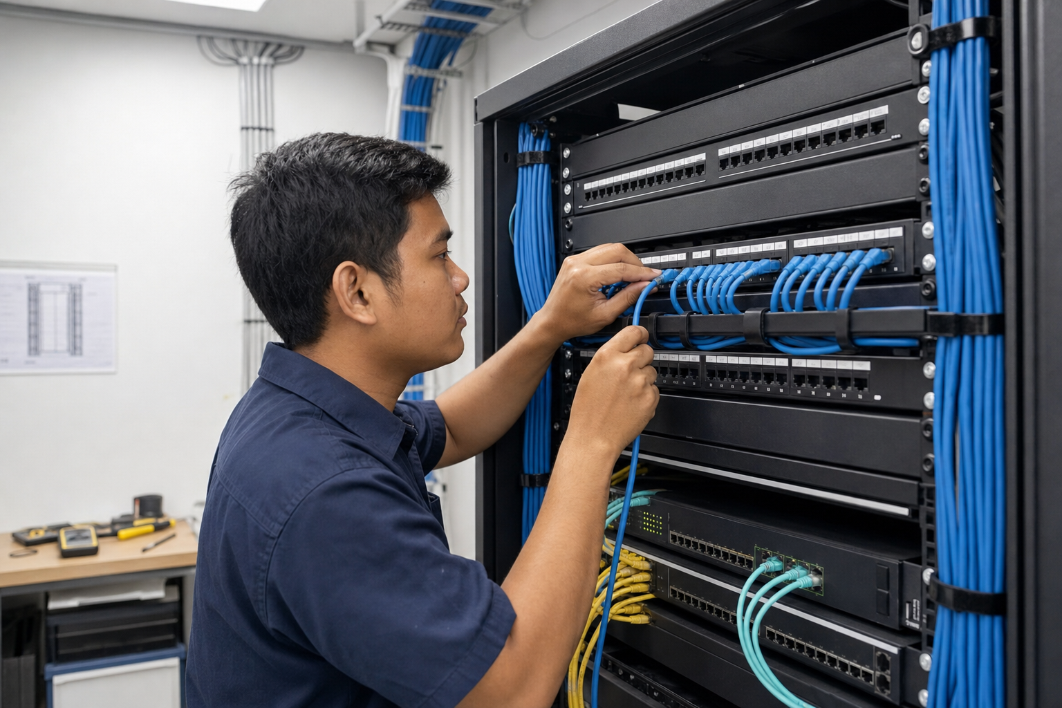 Local Florida IT technician configuring a business VoIP network patch panel