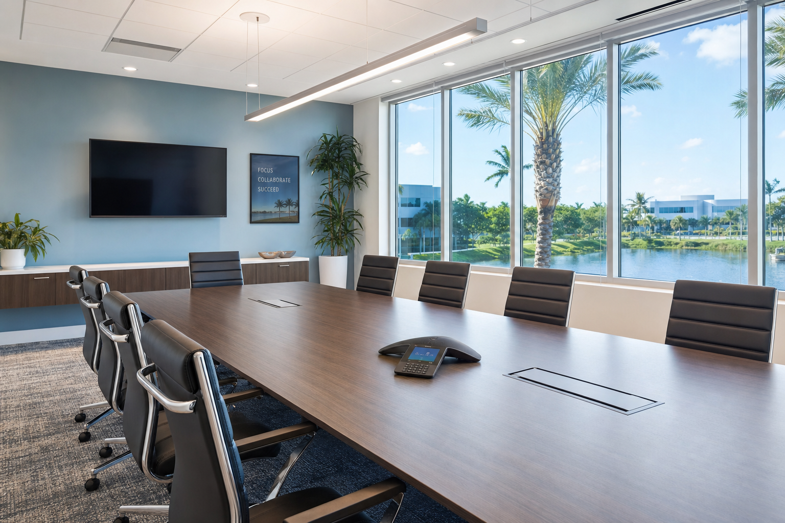 Modern Florida business conference room with VoIP conference phone system installed