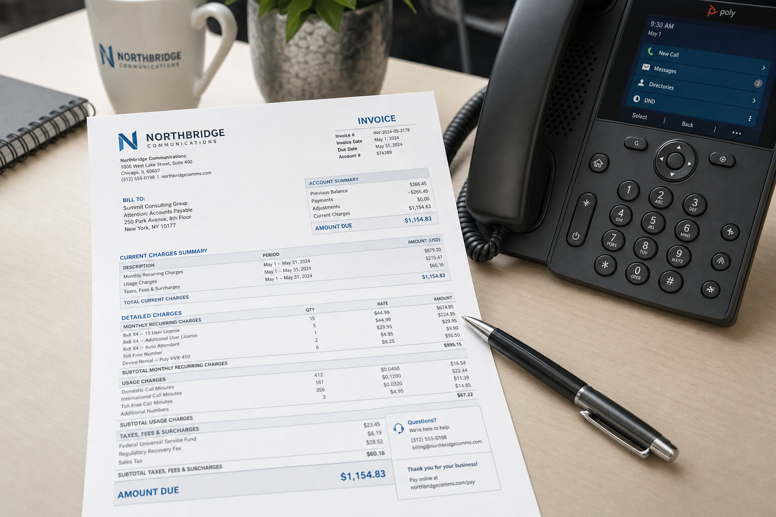 Business phone invoice with multiple line items on an office desk next to a VoIP desk phone