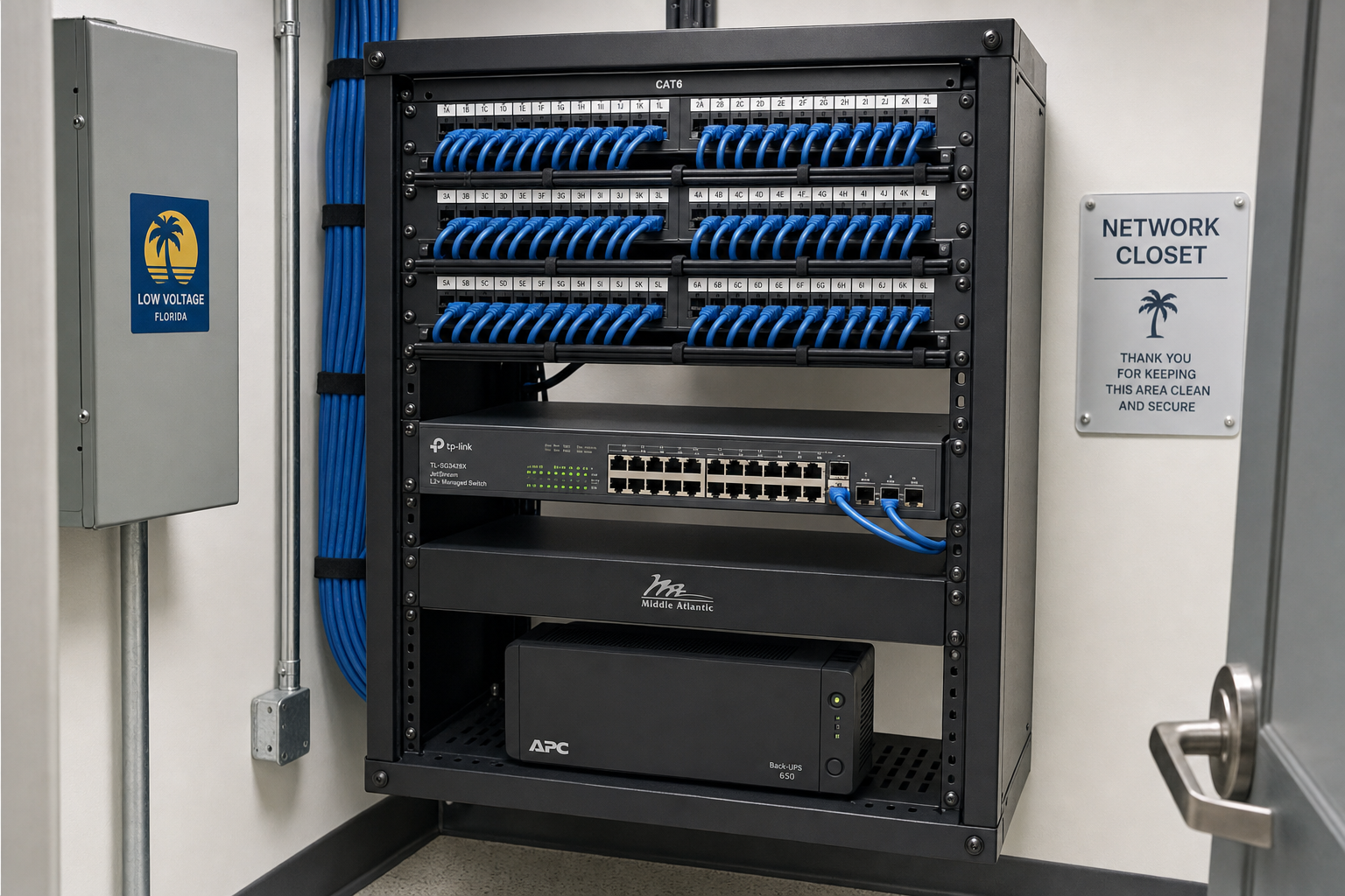 Organized network closet with managed switch and structured cabling in a Florida business office