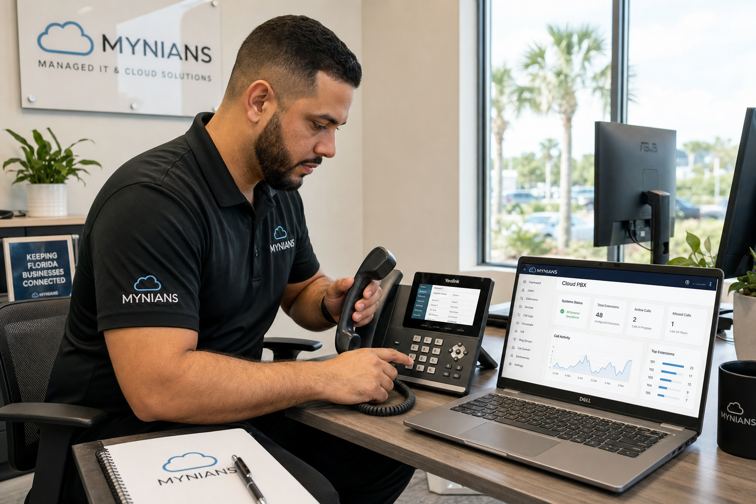 VoIP technician configuring a business desk phone at a Florida office workstation