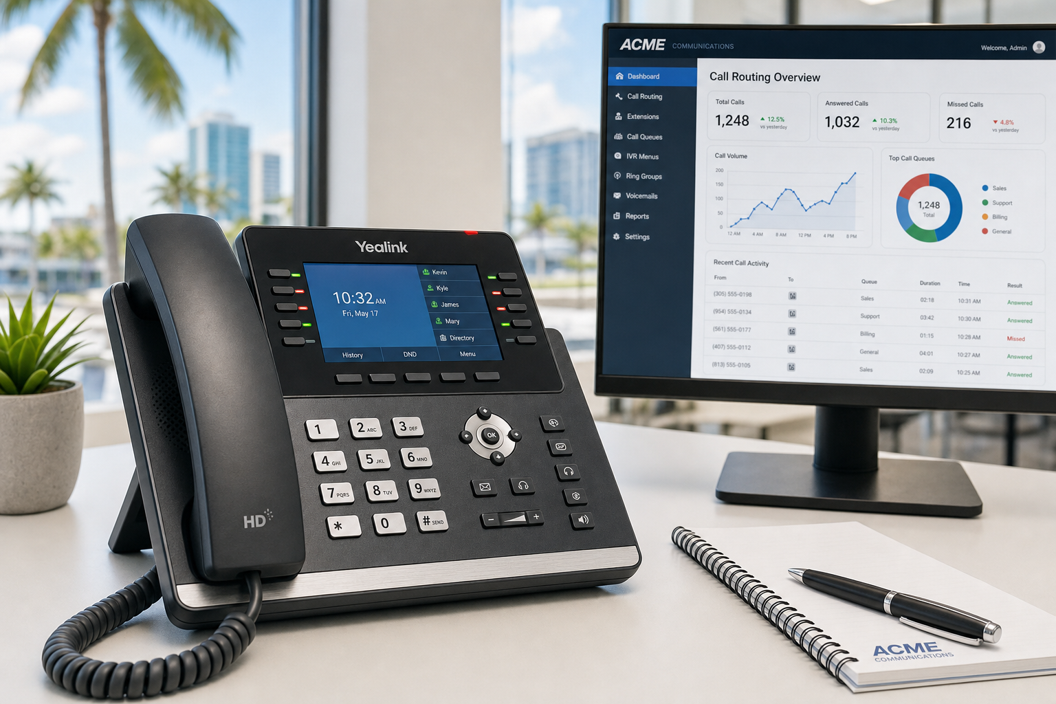 VoIP desk phone on a Florida business office desk with call routing dashboard on monitor