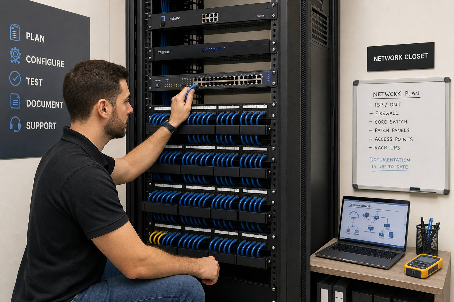 IT technician configuring network equipment in a Florida commercial office network closet