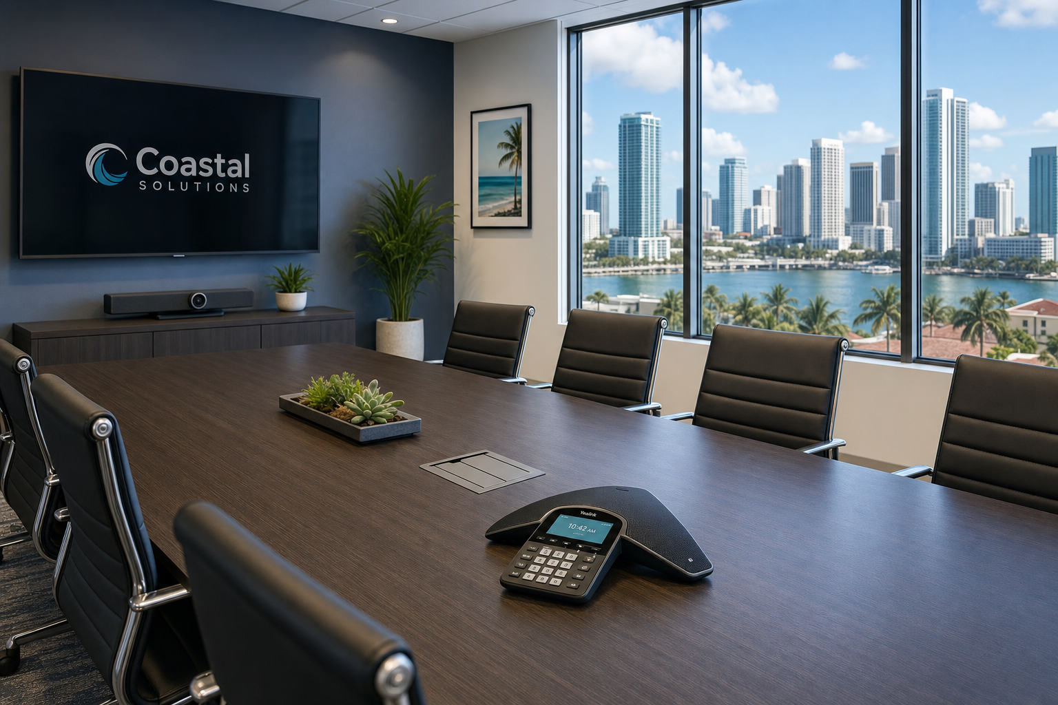 VoIP conference phone in a modern Florida business conference room