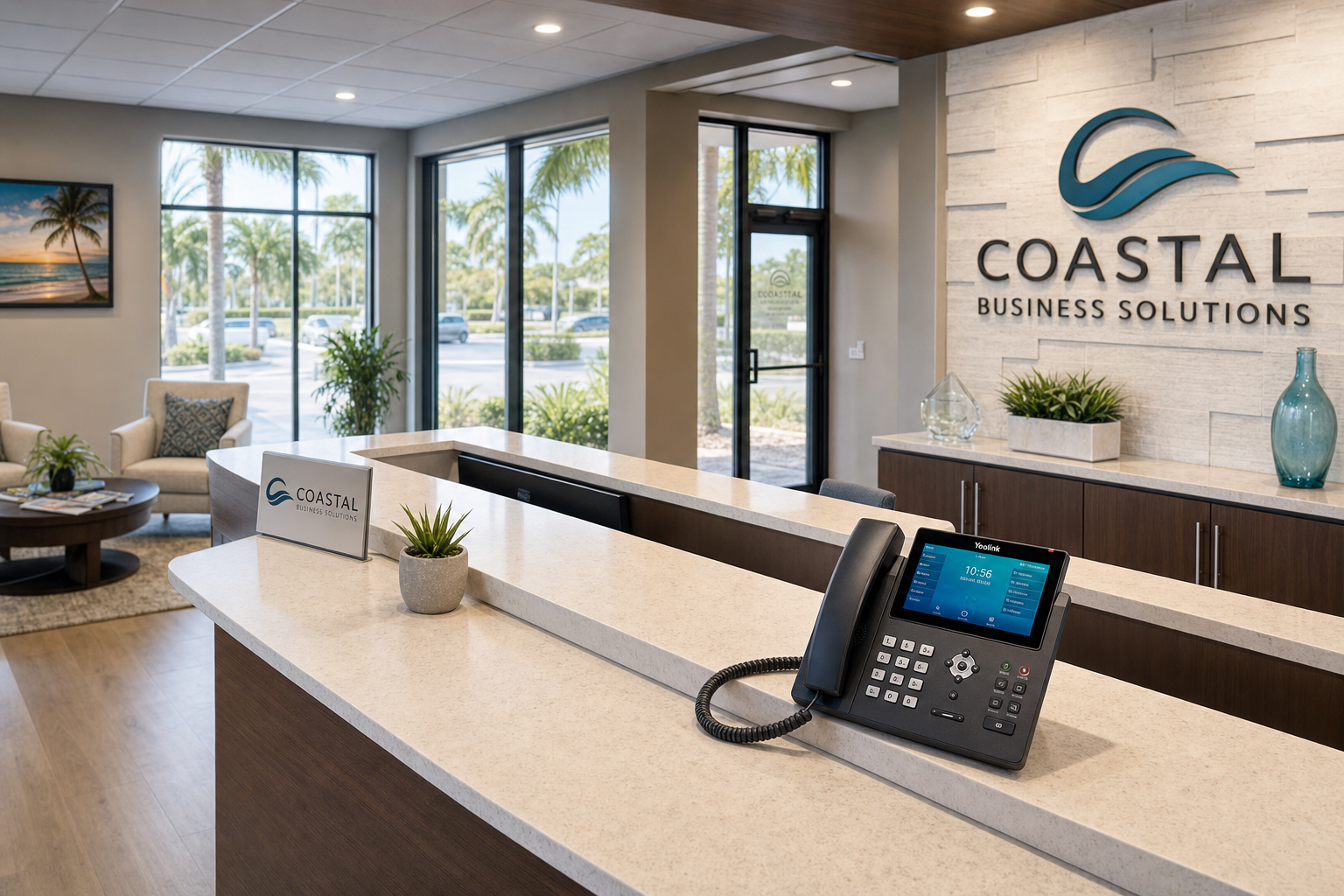 VoIP desk phone on a Florida business reception desk ready for storm season