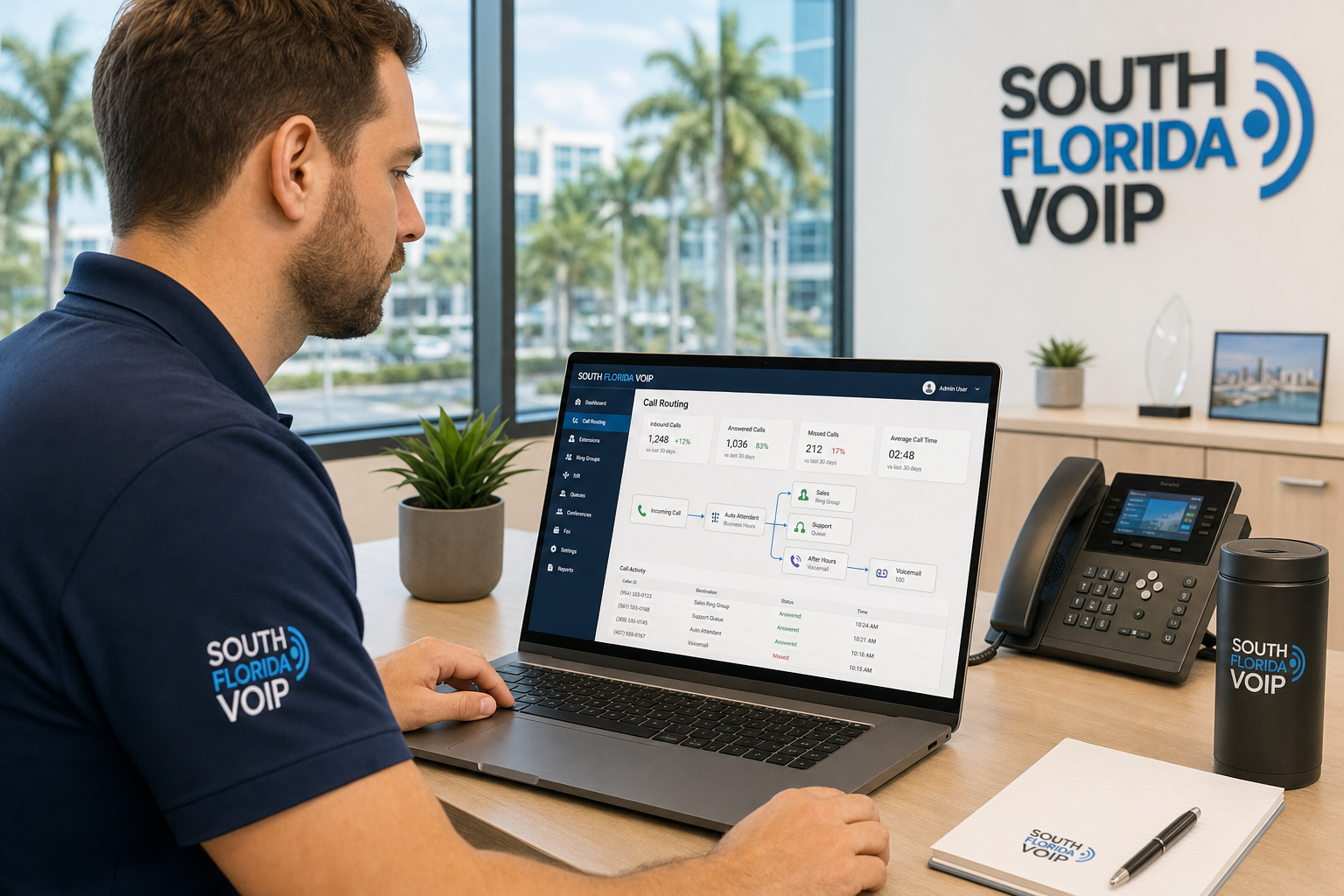 VoIP technician reviewing call routing failover configuration on a laptop in a Florida business office