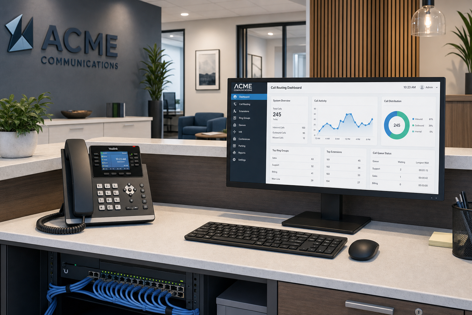 VoIP desk phone at a professional office reception desk with call routing dashboard on monitor