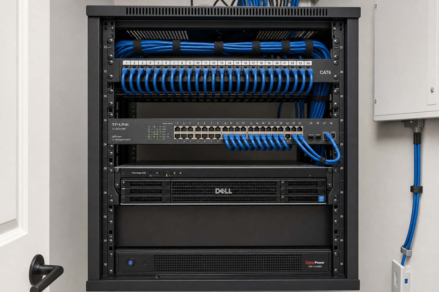 Organized network closet with managed switch and patch panel supporting a hosted VoIP system