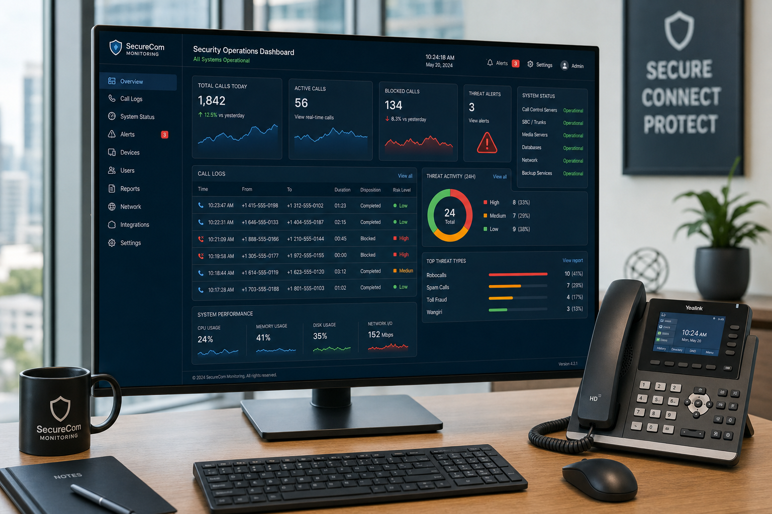 Cybersecurity monitoring dashboard showing VoIP call logs and system access controls in a business office