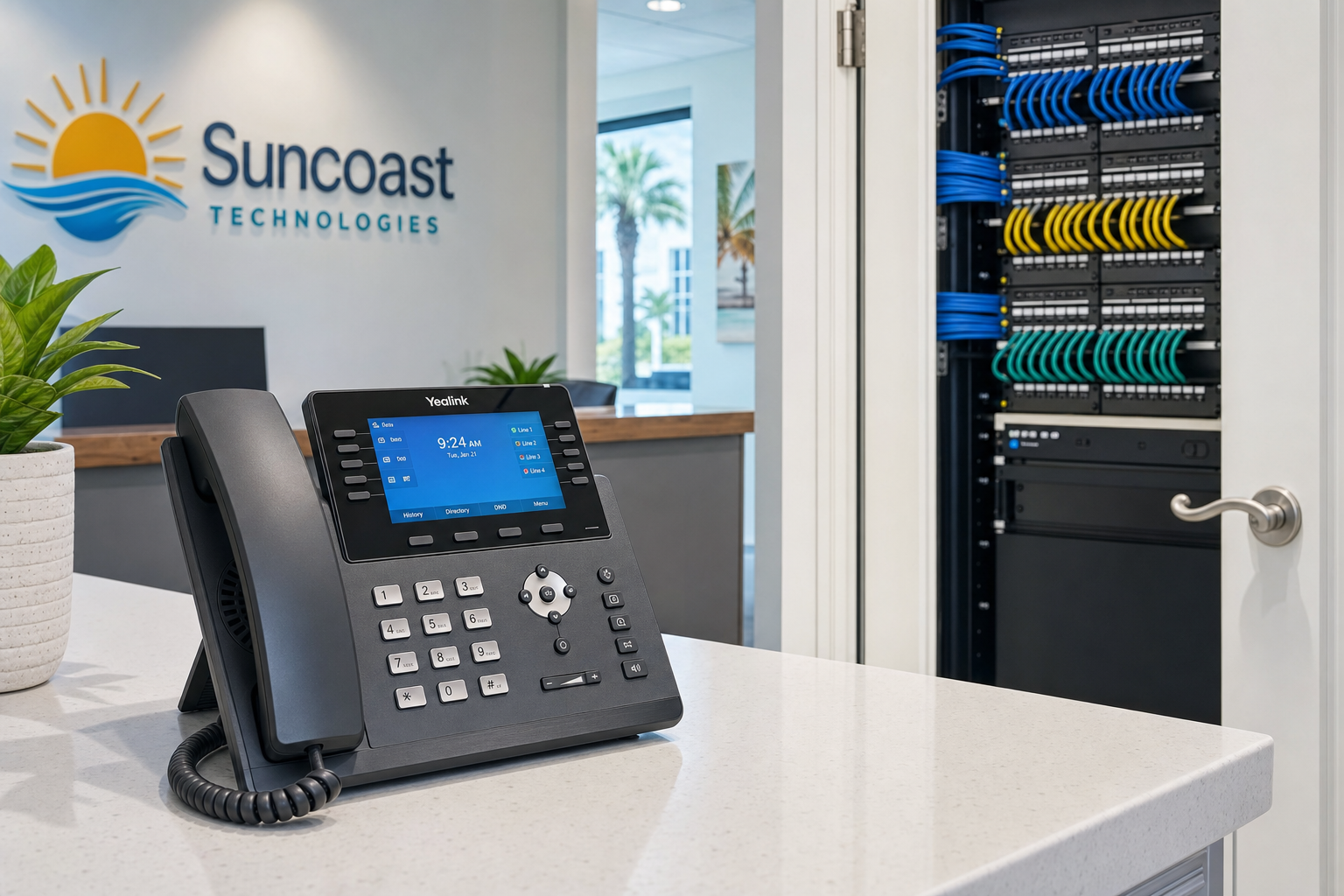 VoIP desk phone on a healthcare office reception desk with structured cabling visible in background