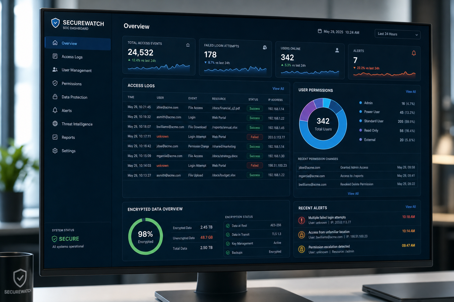 Cybersecurity access control dashboard showing user permissions and encrypted call log data