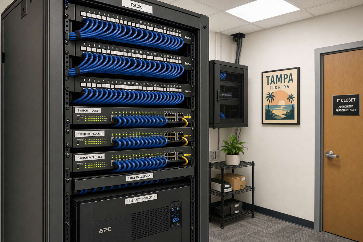 Organized server rack and managed network switches in a Florida business IT closet