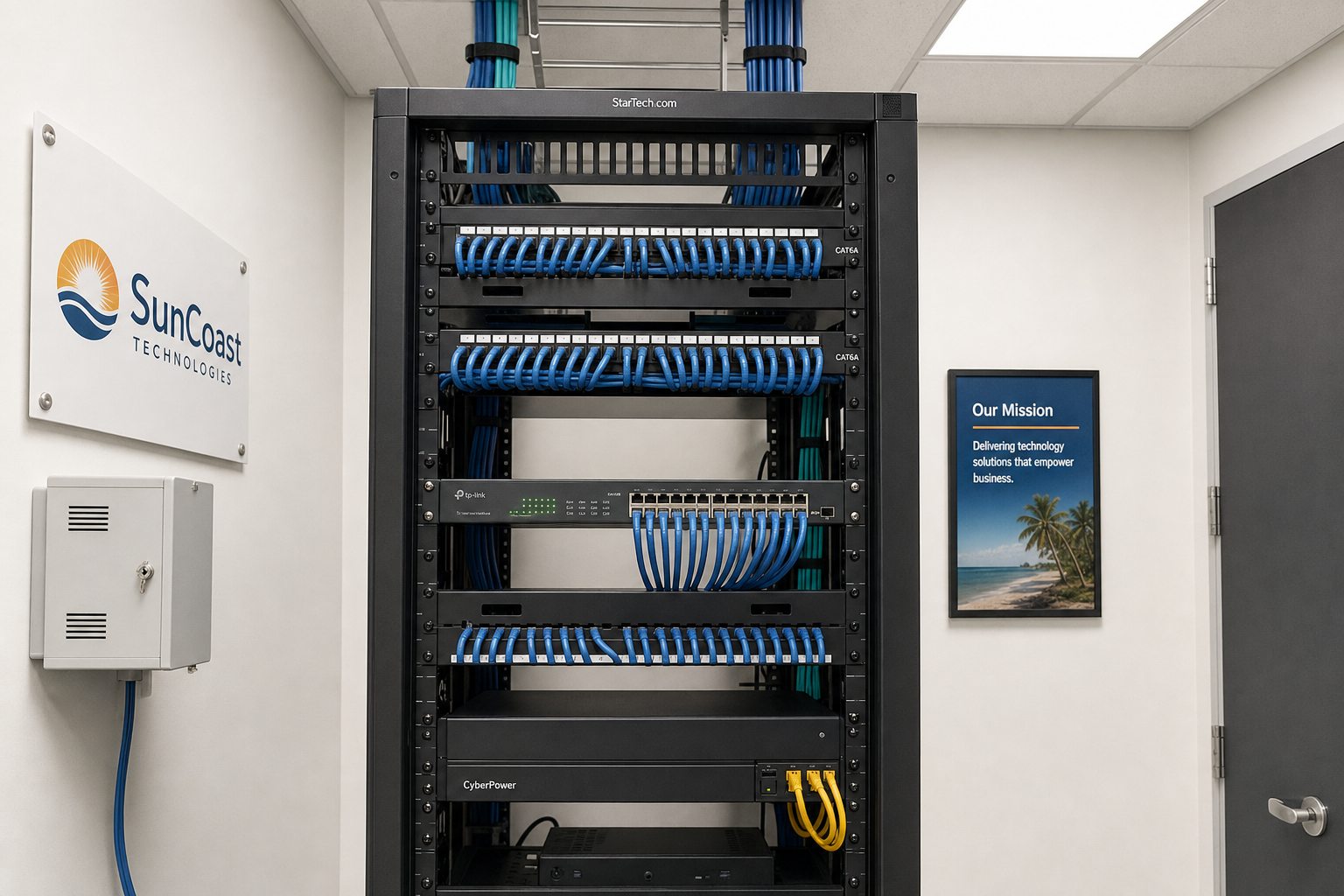 Organized network closet with patch panel and managed switch in a Florida business office