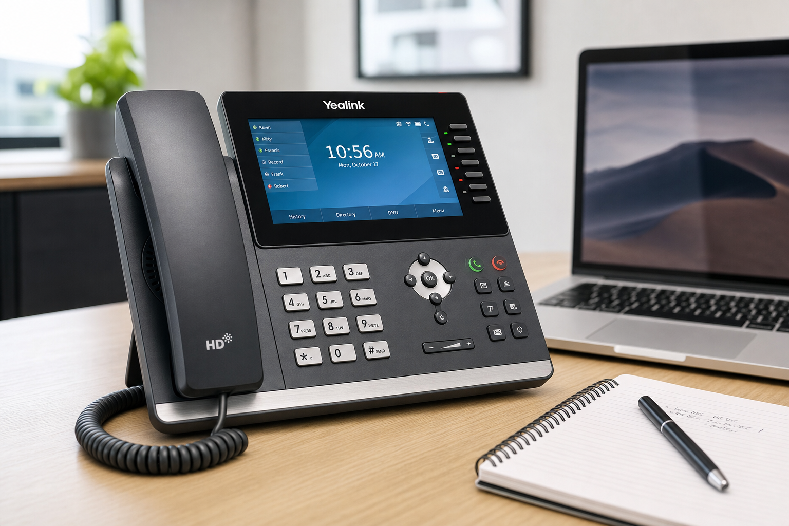 VoIP desk phone on a Florida business office desk during contract renewal review