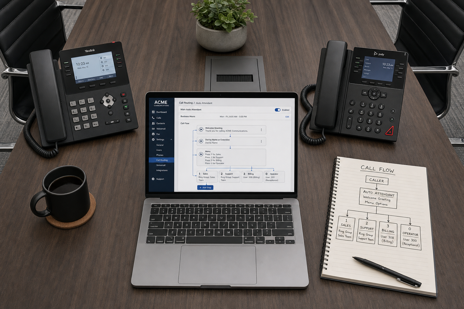 VoIP desk phones and softphone call routing configuration displayed on a laptop in a Florida business conference room